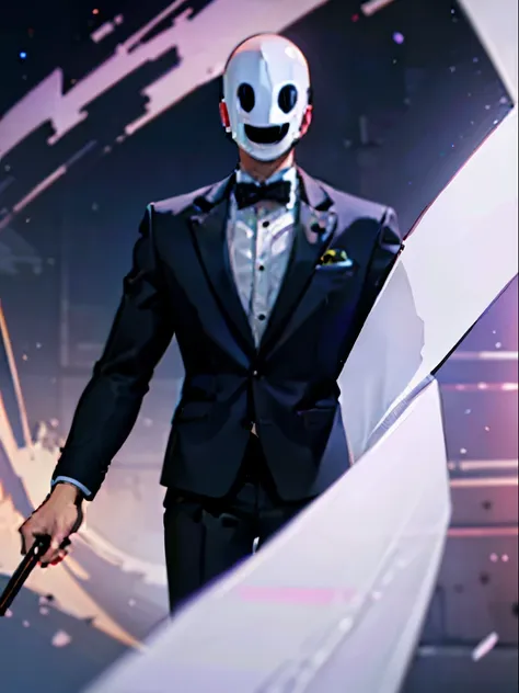 1 person,  Tall Man , White skin、 skinhead , mask on face, purple long sleeve dress shirt ,  black tuxedo , high res,  very elaborate hands that are not deformed or warped,  Ultra Sharp , 8k, ((masterpiece))