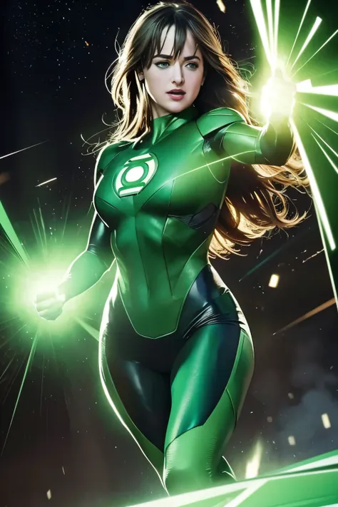 dakota johnson is depicted in the iconic green lantern suit that includes the iconic elbow length white gloves, with explosions ...