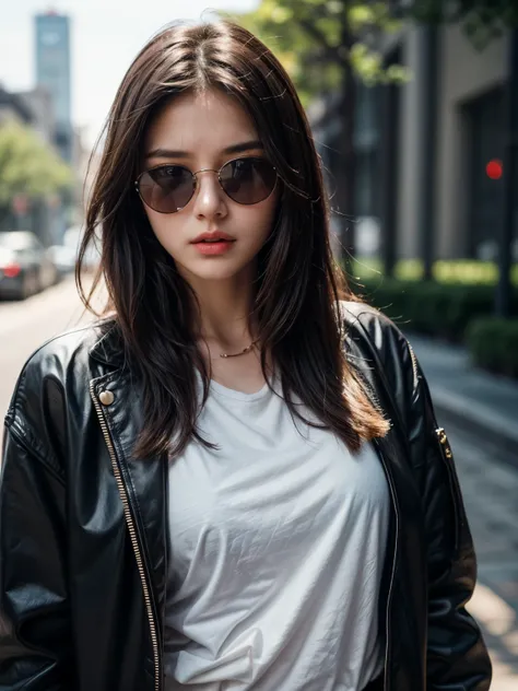 Beautiful 25 year old woman 。s wearing sunglasses and white shirt and black jacket， faceless，a little angry。 her dark brown hair 、 Her hair is long and straight 。　High resolution、masterpiece、 best quality、頭 w:1.4、((Hasselblad photos))、Fine skin 、( Movie Li...