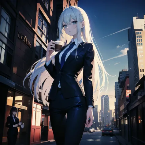 (masterpiece), (best quality), ultra detailed, finely detailed color, cenematic painting, bishoujo, ((one lady)), teenager, cute face, white hair, absurdly long hair, straight hair, ((deep blue eyes:1.5)), (holding coffee:1.4), ((business suit:1.5)), black...