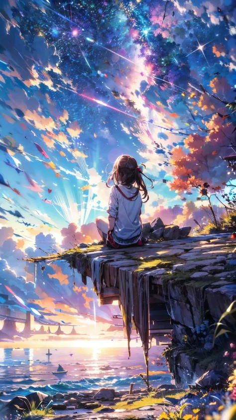 ( Best quality ,4k,highres:1.2),from behind, focus on the landscape ,animated, girl sitting on a floating rock stage in the sky,sunshine, sea of colored clouds , fascinating atmosphere  , Ambient lighting ,RED AND PURPLE SKY