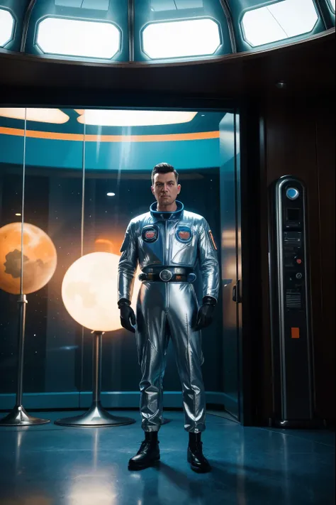 there is a man standing next to a giant blue and orange object, retro sci - fi picture, 1 9 5 0 s scifi, vintage sci - fi, forbidden planet 1 9 5 6, 1 9 6 0s sci - fi, vintage scifi, vintage sci fi, sci fi, man in silver space suit, retro sci-fi, retro sci...