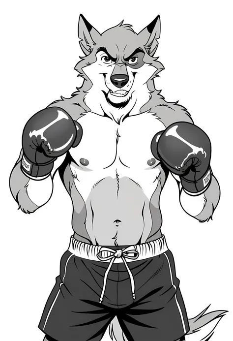 kaltag, alaskan malamute, detailed, detailed face, detailed eyes, anthro body, black lineart, black outline, male, adult, very muscular, cartoon shading, cel shaded:1.0, confident, proud, boxing trunks, wolf tail, (wearing boxing gloves, detailed boxing gl...