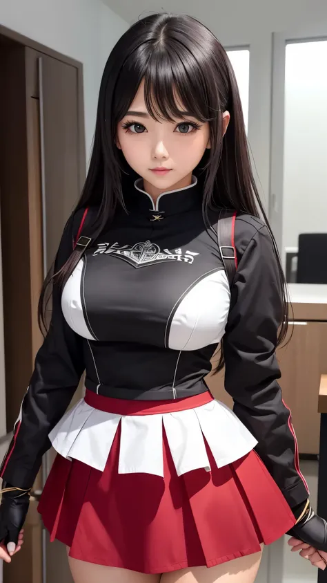 Beautiful breasts woman、black髪重めバング、blackい瞳、 Combat Uniforms、skirt、white、black、red、