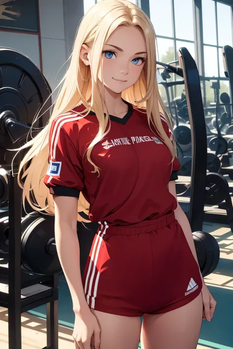 masterpiece, best quality, 1girl, French ethnicity, blue eyes, teenage French spy, blonde, hair, long hair, blonde hair, solo, wearing red athletic wear, red athletic wear, closed clothing, smile, closed mouth, flowing hair, gym setting