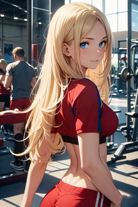 masterpiece, best quality, 1girl, French ethnicity, blue eyes, teenage French spy, blonde, hair, long hair, blonde hair, solo, wearing red athletic wear, red athletic wear, closed clothing, smile, closed mouth, flowing hair, gym setting