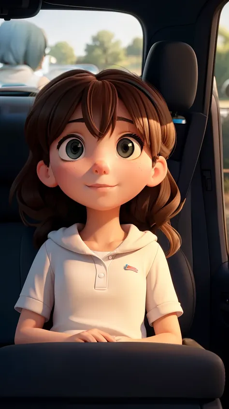 Inside the car, the girl sits alone and in the backseat, daydreaming with a satisfied look on her face, believing her parents will deal with the situation.