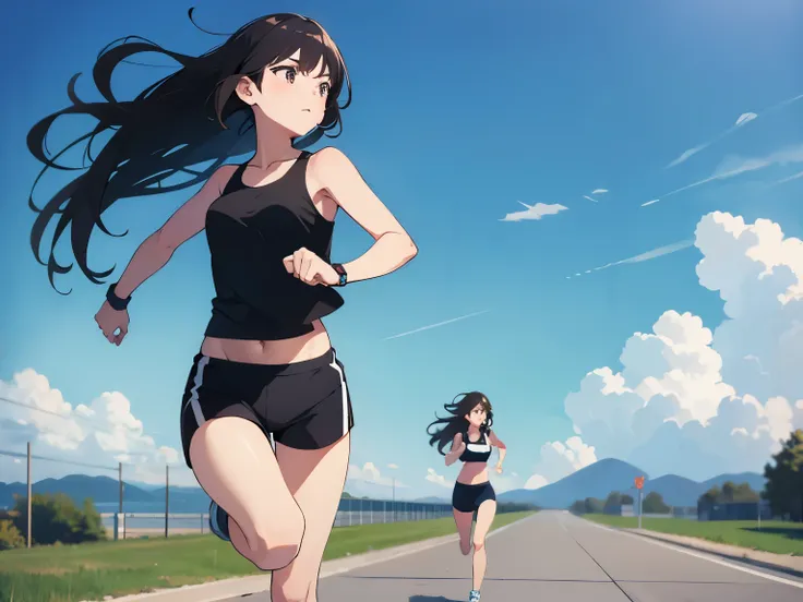 running outside , sports ,  dark-haired girl, 1 girl, long hair, summer