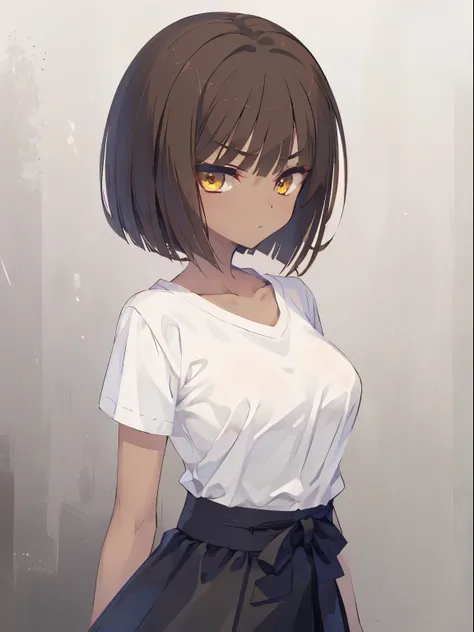 ([glaring]), 1 girl, upper body, (facing viewer, looking viewer), standing straight, (yellow eyes, ((Jitome)), (brown hair), bob cut, short hair, medium breast), ((white shirt, black skirt)), collarbone, (gray background), Sharp Focus, (Best Quality, maste...