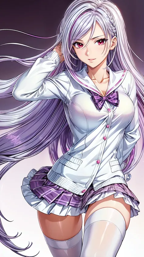 (masterpiece, best quality, beautiful and aesthetic:1.3),1woman, ((very mature woman)),(30 years old, thirties), solo, light smile,  (silver hair streaked white:1.4), (Gradient purple hair ends:1.6), hair strand, absurdly long hair, single sidelock, wavy h...