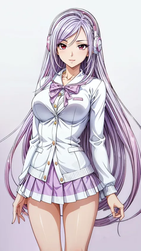 (masterpiece, best quality, beautiful and aesthetic:1.3),1woman, ((very mature woman)),(30 years old, thirties), solo, light smile,  (silver hair streaked white:1.4), (Gradient purple hair ends:1.6), hair strand, absurdly long hair, single sidelock, wavy h...