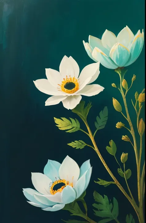 painting of three white flowers with blue centers on a green background, glowing hue of teal, soothing colors, greenish blue tones, teal aesthetic, blue flowers, turquoise, blue - petals, beautiful large flowers, turqouise, serene expression, blue and cyan...