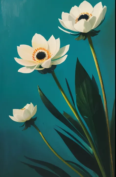 painting of three white flowers with blue centers on a green background, glowing hue of teal, soothing colors, greenish blue tones, teal aesthetic, blue flowers, turquoise, blue - petals, beautiful large flowers, turqouise, serene expression, blue and cyan...