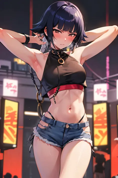 NSFW,masterpiece, best quality, high definition , very detailed,Soi Fon, shorthair 、 long hair, Off Shoulder , Crop Top ,Belly button, denim shorts ,Embarrassed,blush,( horny expression :1.3),Nightlife,Outdoor, NEON STREET ,(Do prostitution:1.5),(Embrace a...