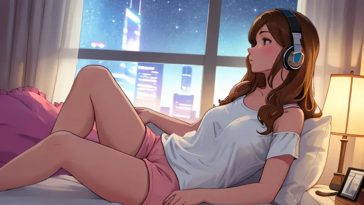 A warm nighttime scene of a young woman lounging on a bed, listening to music through headphones. She has shoulder-length brown hair and wears a white oversized T-shirt and pink pajama shorts. A large window behind her shows a clear night sky and a vibrant...