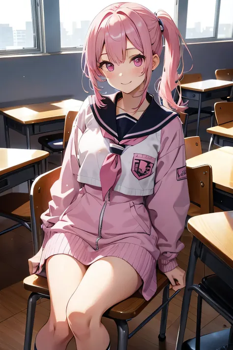  pink hair in a ponytail　 sailor suit　smile　 cute　High image quality　 High Quality　Girl with pink eyes 　sitting on a chair in the classroom