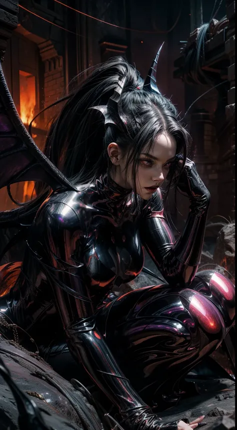 Highly detailed full-body portrait of a beautiful succubus with curved horns, large demonic wings, and a devil tail. She is wearing a metallic dark purple bodysuit that appears to drip and shimmer like liquid metal, with fluid-like patterns reflecting ligh...