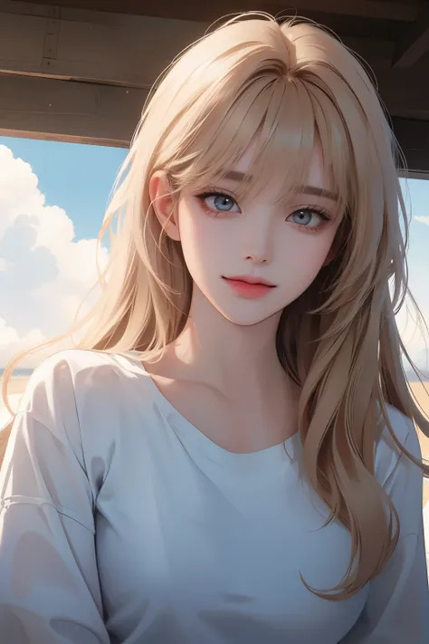 front view, smile with open mouth,(best quality, ((masterpiece)), 8K resolution, Semi-realistic, cinematic lighting, beautiful detailed eyes), cute,1 woman,korean,((Blunt bangs)), 25-year-old,kpop style clothes,long curly hair,Khaki hair, digital art,detai...