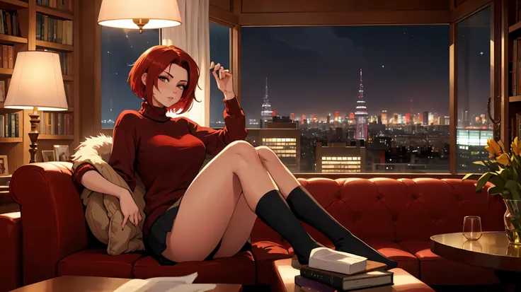 "A confident sexy woman with red aubrn short hair relaxing near the window of a chic library lounge, dressed in a cozy oversized beige sweater paired with a stylish mini skirt. The large glass window reveals a bustling cityscape glowing in the night, while...