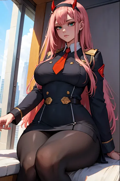 ((plump breasts)), (jambes grasses), ((skyscraper)), ((perfect hands)), ((glossy pantyhose)), (finely detailed eyes and detailed face:1.3), (extremely fine and beautiful:1.1), (Perfect details:1.1), Darling in the fanxx, Zero two, horns, hairband, long hai...