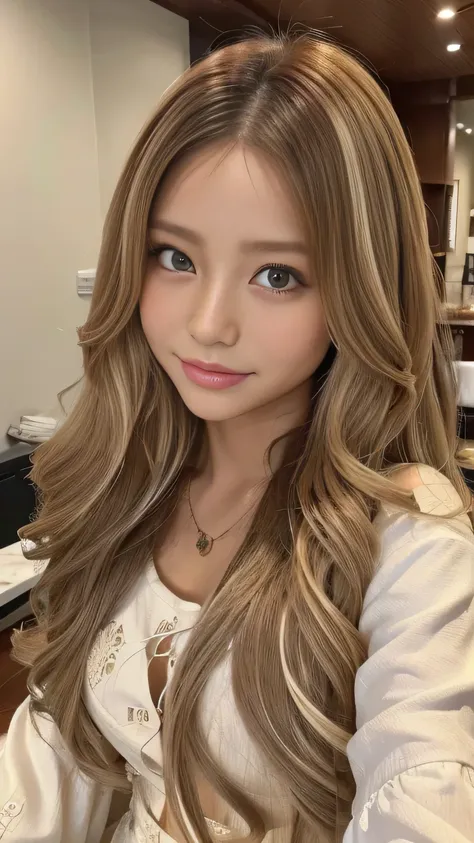 long hair, curly hair,white beige hair color:1.2,、 tan:1.5,selfie:1.5、masterpiece、highest quality、extremely detailed 8k、、 very d...