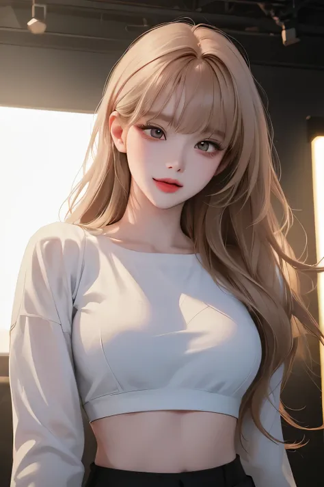 (( Hold her hand and hold the microphone as you sing on stage)  low angle with open mouth and smile , whole body,( white crop top long sleeve , Street fashion) ( Top Quality , ((masterpiece)), 8k resolution, Semi-realism ,  cinematic lights ,  beautiful, d...