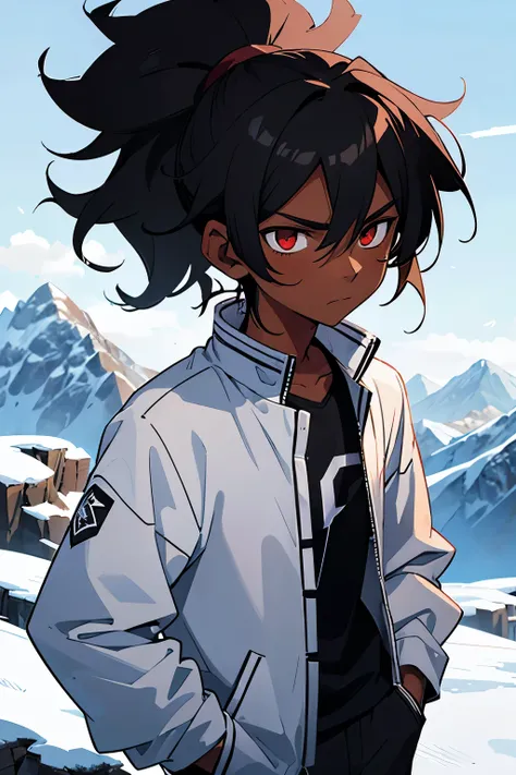  best quality , A young teenage man, , with dark skin, with dark red eyes ,  WITH BLACK HAIR ,  messy hair ,  ponytail ,  wearing a white long sleeve shirt , with both hands in his pockets as he looks up with a cold expression on his face,  scenery of a sn...