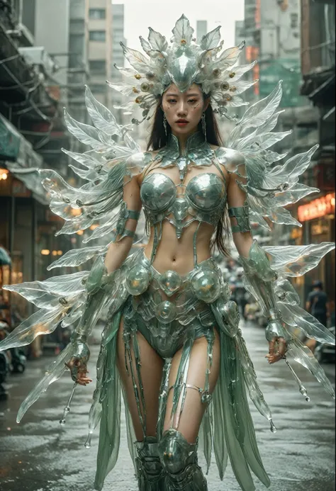 Futuristic native futurism, Actress Zhao Lusi plays the high-level cybernetic cyborg, green Jade lotus cyborg, Bikini, gigantic cleavage breasts:1.5, full body post, A beautiful young woman like Pan Jinlian, wear shorts and a hat walk street, the Japanese ...