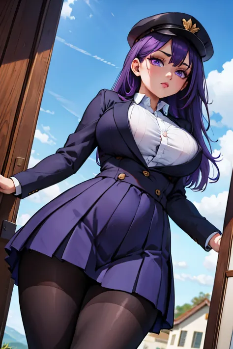 ((plump breasts)), (jambes grasses), ((hills)), ((perfect hands)), ((glossy pantyhose)), (finely detailed eyes and detailed face:1.3), (extremely fine and beautiful:1.1), (Perfect details:1.1), 008 apprentice spy, o Ayame, purple eyes, purple hair, long ha...