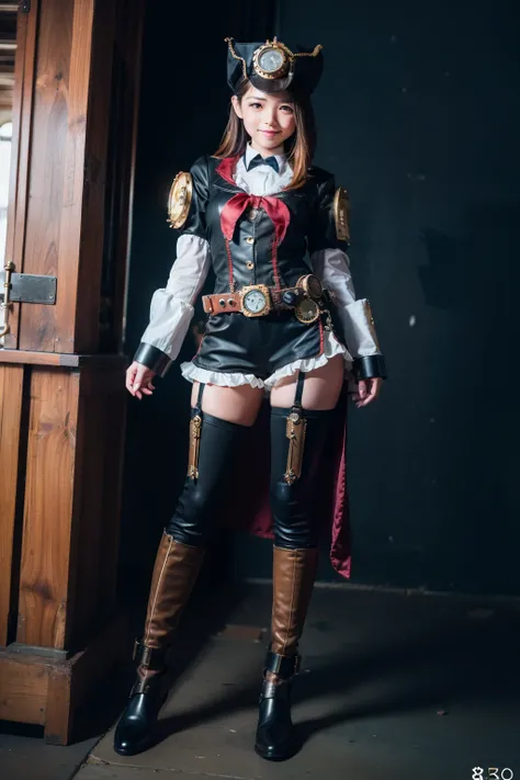 ( small eyes ):1.3, Steampunk Phantom Thief Mascot Costume,(( Steampunk Mechanical Gauntlet and Greaves )),smile,Steampunk Gun , World of Steampunk ,(( Long Slits Exposed Legs and Thighs to the Side )),(8k,  RAW Photos:1.2), Detailed Face and Eyes , comple...