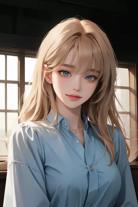 first-person view, cowboy shot,(best quality, ((masterpiece)), 8K resolution, Semi-realistic, cinematic lighting, beautiful detailed eyes), cute,1 woman,korean,((Blunt bangs)), ,long curly hair, (Khaki hair),25-year-old,(smile with open mouth) ,A woman wea...