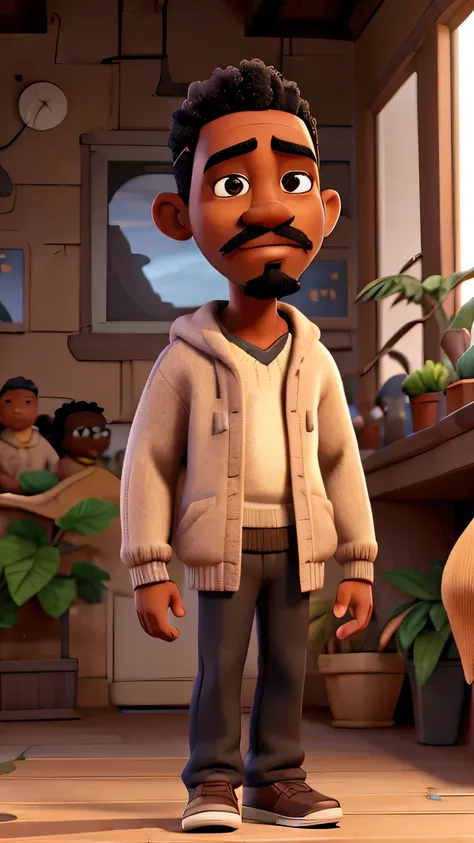   representation of a black man with a pointed chin ,  with a mustache without much volume and goatee ,  small ears , Almond-shaped,  half-closed eyes  , without glasses,   prominent cheekbones  ,  short hair American haircut ,   wearing mens knitwear ,   ...