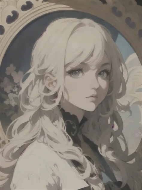 Portrait of a European womans face、 long curl hair、Blonde、Floral Frame 、Decorative panel、 abstract art by Alphonse Mucha、Sketched、Character Line、Scenes without colors or shadows 。 (masterpiece、top-quality、 high definition :1.4)、 Details、 Intricate Detai...