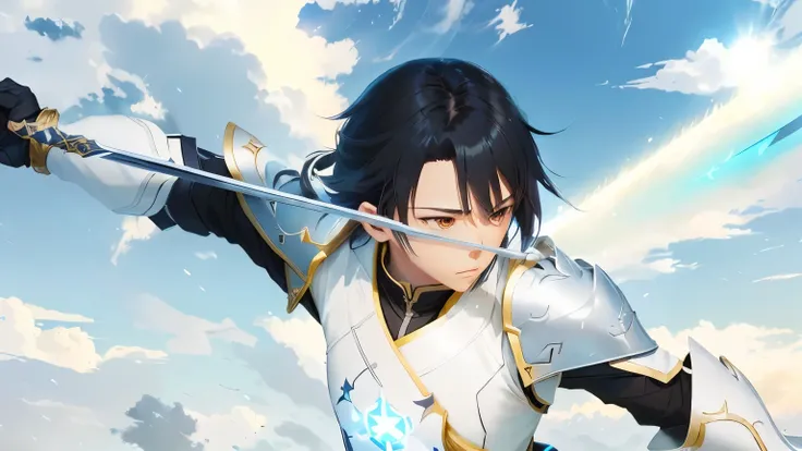 anime character with sword in hand in front of cloudy sky, kirito, sao style anime, keqing from genshin impact, ayaka genshin impact, genshin impact character, sao, popular isekai anime, sword art online, smooth anime cg art, zhongli from genshin impact, a...