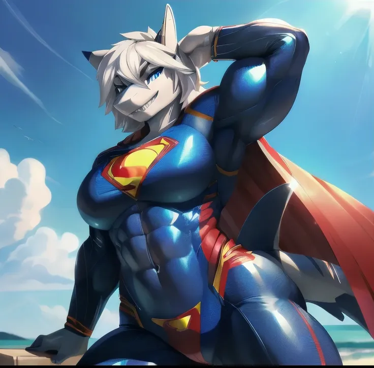 High resolution, masterpiece, high resolution texture, beautiful light, correct anatomy, (masterpiece, 4k resolution), solo, anthro, (shark: 1.1), (grey skin: 1.2), white jaw, white midlong hair, ((mauve eyes)), (detailed blue eyes), (refined and detailed ...