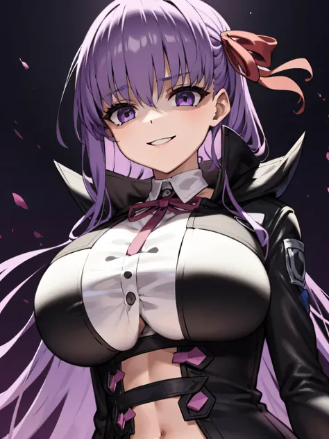 isoscale, mid shot,  night, ,,, purple hair, black jacket, , red ribbon, big breasts, purple eyes, white gloves, long hair, larg...