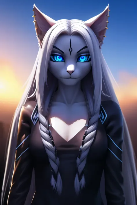 1woman, Long Hair, White Hair, Multicolored Hair, Gradient Hair, Floating Hair, Multiple Braids, evil look, piercing Blue eyes, Horizontal Pupils, cat ears, 8K Octane, Digital Art, Hyperrealism, Photorealistic, Soft Lighting, Unreal Engine, Depth Of Field,...