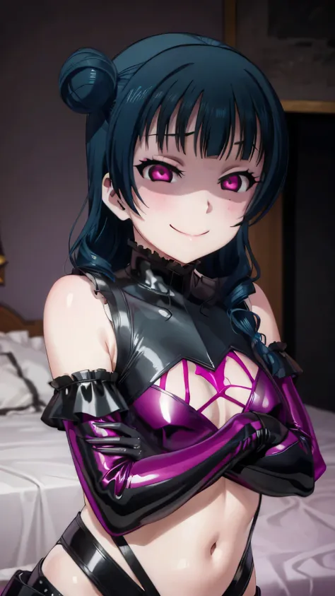 night、lovelive Black Background、Evil background、Hotel Bedroom、Sensual pink light、A shiny black rubber suit that wraps around the body、tall、Upper Body、adult、Long gloves、solo、Navy blue hair twin tail drill Volumie、Upper Body、Evil female warrior、Fantasy、Conde...