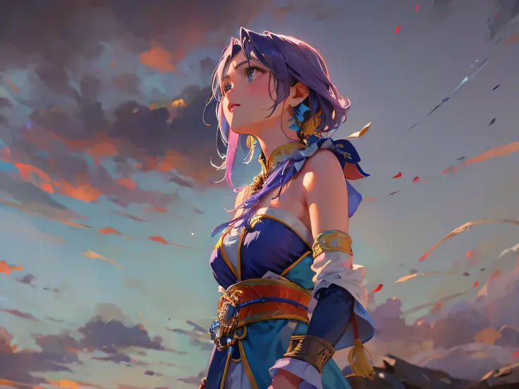 Yuna from final fantasy X, her hands are on her chest, while she is looking at the sky. We see her from above, she is standing
