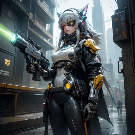 (Catuna Girl , a Catuna girl :Automaton ), (best quality), highly detailed,  ultra-detailed , (mechanicalasas:golden, glowing eyes : yellow, goldenrarmor:1.2, hairy ears:0.8),(cyberpunkcity:1.5,  holding a stun blaster , biological),(Futuristic city landsc...