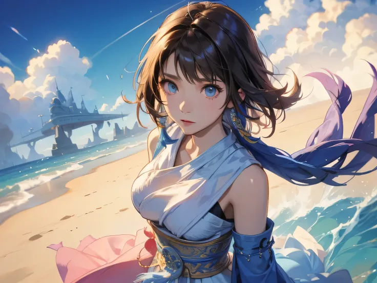 Yuna from final fantasy X, her hands are on her chest, while she is looking at the sky. We see her from above, she is standing