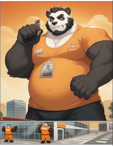   cartoon panda bear in an orange shirt, holding a cell phone ,  red panda on a propaganda poster , winston from Overwatch, (SFW)  safe for work , Man bear ,  as an Overwatch character , SFW version,  official art , winston the ape from Overwatch, wojtek f...