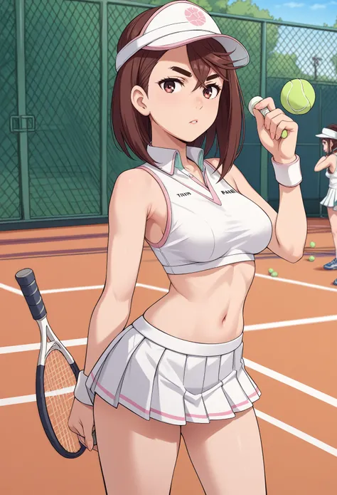 momo ayase, short hair, brown hair, brown eyes, bangs, thick eyebrows, medium breasts, TENNIS SKIRT, COURT TENNIS, TENNIS CONCEPT, TENNIS HAT, TIGHT WHITE TENIS BRA, FRONT, COURT TENNIS BACKGROUND, TENNIS SPORT, TENIS, COURT TENNIS, PLAYING TENNIS