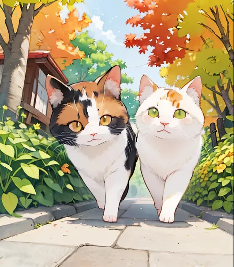 (masterpiece),( best quality),(  very detailed),(  in high resolution),((Line art)),((watercolor)),16k,  wallpaper,三毛猫の  very detailedな絵、 crazy details ， very detailed猫， My house where calico cats roam ，Walking the promenade三毛猫マンチカン，Autumn in old Japanese town、Walking the promenade， fall leaves for vaginal discharge， sunlight filtering through the trees，Another World、The creation of silence、Long Hit、The target is small、