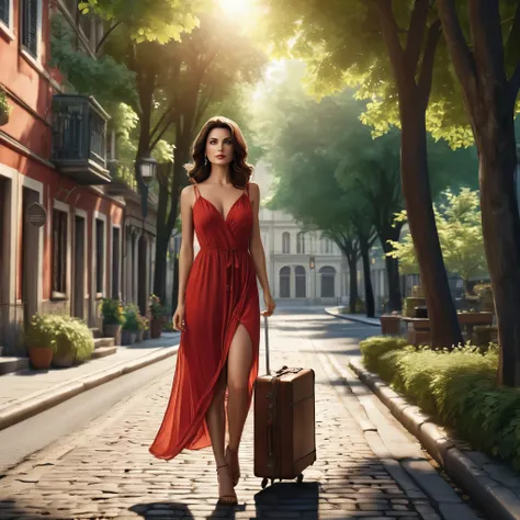  an elegant woman,  with dark brown hair and an enigmatic look ,  arrives in a small and mysterious city .  She is wearing a red summer dress ,  holding a suitcase on a quiet street .  The summer sun illuminates the scene ,  with tall trees in the backgrou...