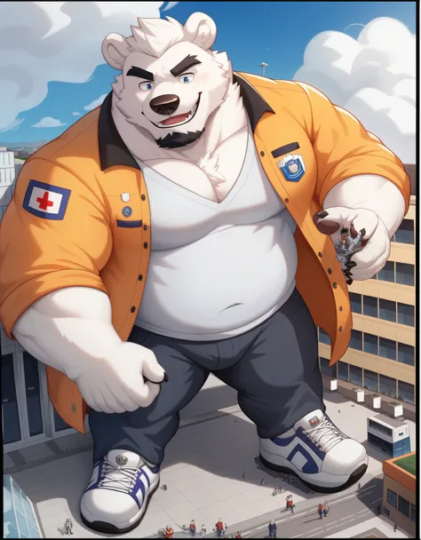 Scribble Polar Bear face,Furry(Polar Bear),pummelig,( black eyebrows :1.1),(perfect eyes)，alone,（artist:takemoto arashi),（College jacket:1.3）， standing, Sneakers，（ Black beard :1.3），（Civil :1.3, College jacket, shirt, pants) Polar Bear(Massiv:3.0, ( heavyw...