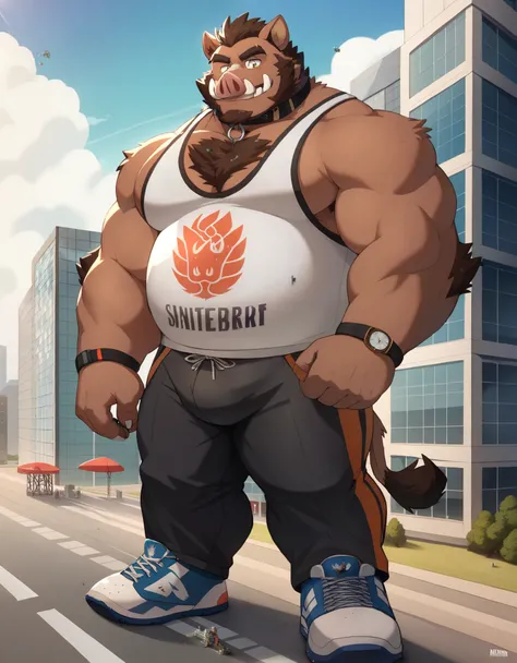 Scribble Wildboar face,Furry(Wildboar),pummelig,( black eyebrows :1.1),(perfect eyes), brown fur ，alone,（artist:takemoto arashi),（collar:1.3）， standing, Sneakers，（ Black beard :1.3），（Civil :1.3,) Wildboar(Massiv:3.0, ( heavyweight ,stark,Macro, Emphasize, ...