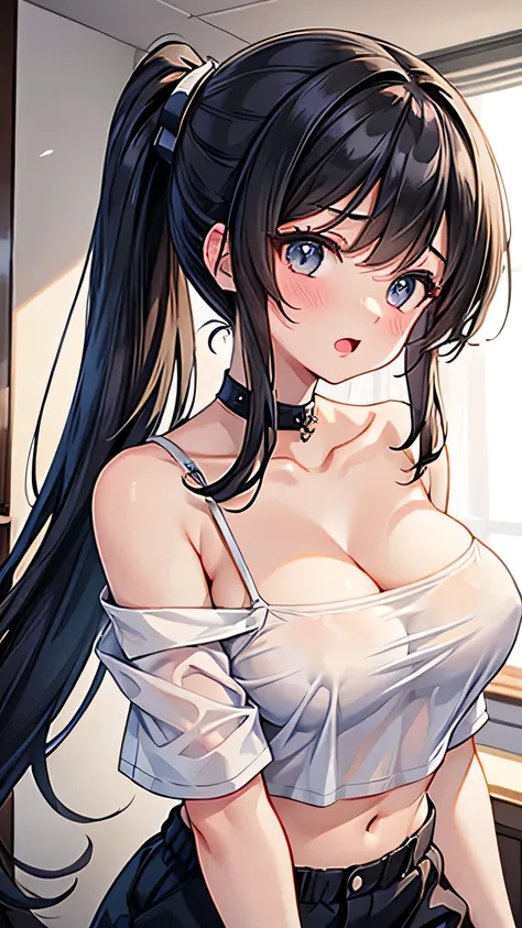 black long ponytail hair, breast, Embarrassing, adult, wearing white off-shoulder shirt, open your mouth, stomach, room, Open collar, she is covering her tits