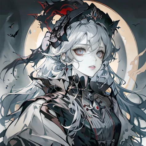 A portrait of a young attractive woman as an ancient gothic vampire, Russian lady, portrait style. Long, silver hair with black roots. Mischievous vibe. Sharp eyes. Wearing a Russian fur hat.