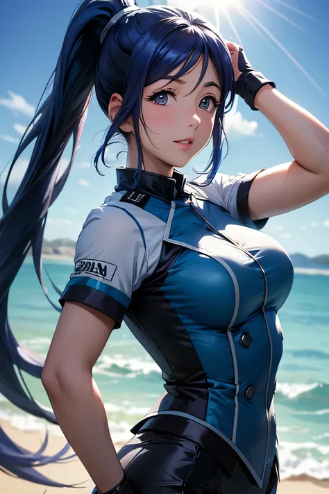  perfect anatomy　 best quality, highest resolution,((( Shiny Uniforms 　 blue hair　 ponytail)))　Love Live!！Sunshine!!　Matsuura Kanan 